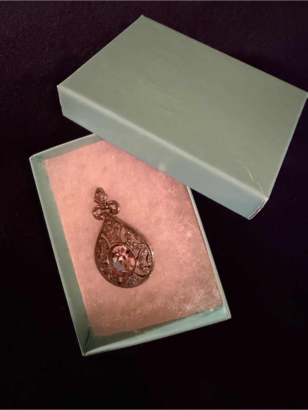 Source Unknown Silver Filigree Teardrop Pendant with Pink Stone